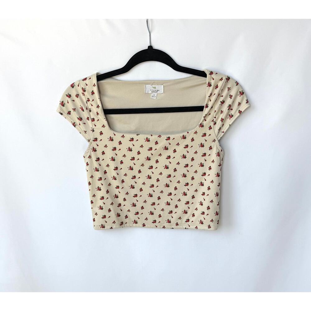 Y2K Floral Ribbed Crop Top Cream Baby Tee Cottagecore Fitted Womens M